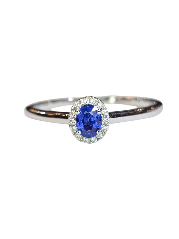 (X) 14KW .25SAP .04DIA , WHITE GOLD SAPPHIRE AND DIAMOND RING WITH 14 ROUNDS