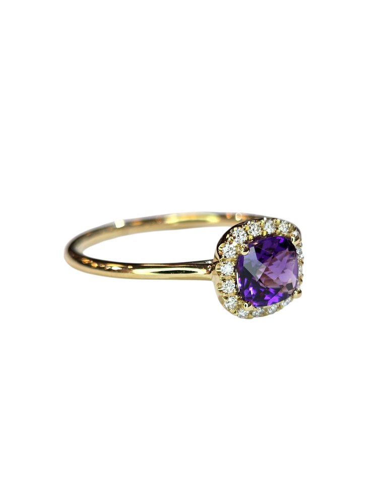 (X) 14KW .46AM .07DIA, YELLOW GOLD AMETHYST AND DIAMOND RING, 16 ROUND DIAMONDS