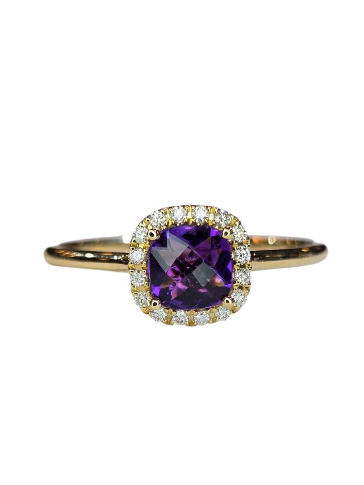 (X) 14KW .46AM .07DIA, YELLOW GOLD AMETHYST AND DIAMOND RING, 16 ROUND DIAMONDS