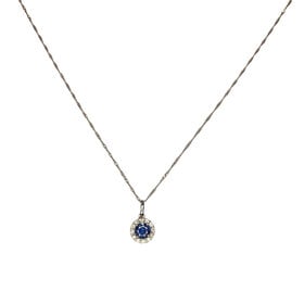 (Y)14KW .51CT SAPPH .10TDW DIAMOND HALO 12B & ROUND CUT BLUE SAPPHIRE PENDANT ON 18” SINGAPORE LINK CHAIN