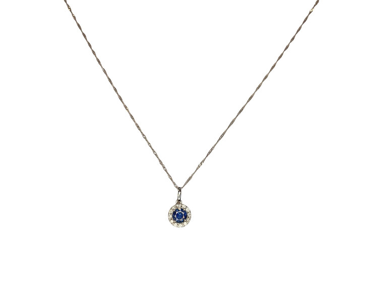 (Y)14KW .51CT SAPPH .10TDW DIAMOND HALO 12B & ROUND CUT BLUE SAPPHIRE PENDANT ON 18” SINGAPORE LINK CHAIN