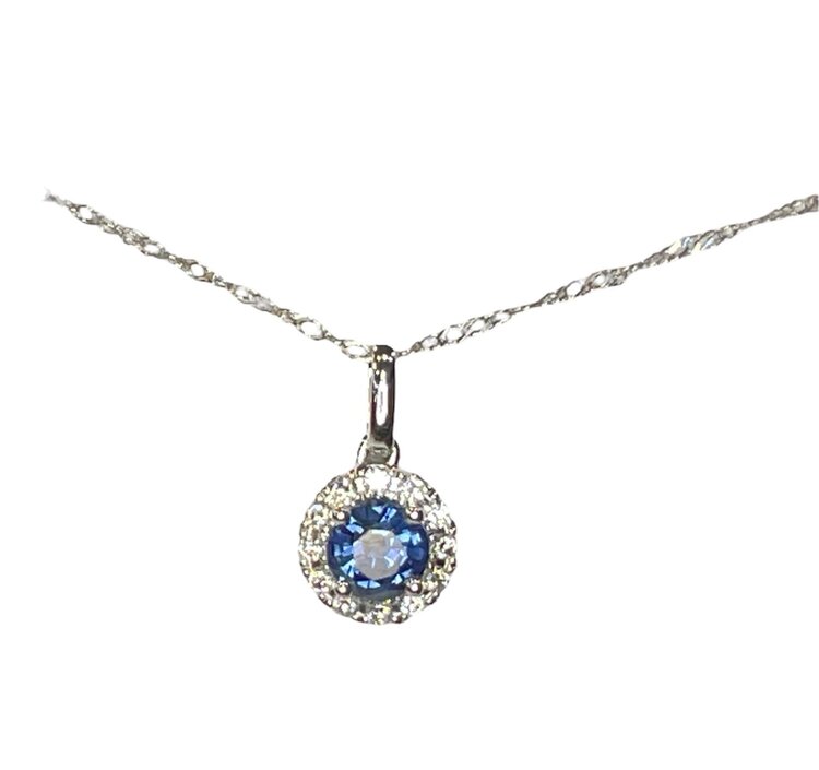 (Y)14KW .51CT SAPPH .10TDW DIAMOND HALO 12B & ROUND CUT BLUE SAPPHIRE PENDANT ON 18” SINGAPORE LINK CHAIN