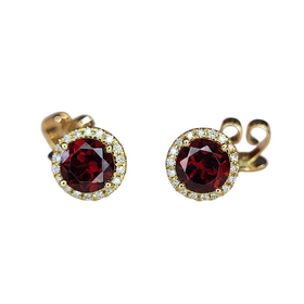 (Z) 14K 1.28GAR .DIA , 0.07CTW YELLOW GOLD GARNET AND DIAMOND EARRINGS, HALO DESIGN, 36 ROUND DIAMONDS