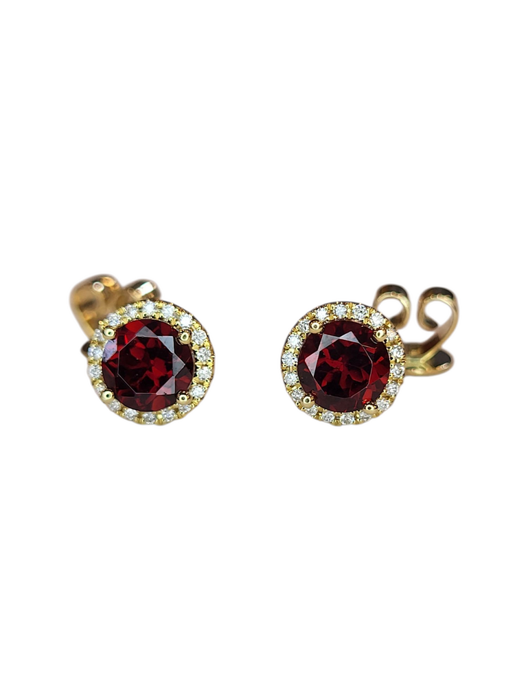 (Z) 14K 1.28GAR .DIA , 0.07CTW YELLOW GOLD GARNET AND DIAMOND EARRINGS, HALO DESIGN, 36 ROUND DIAMONDS