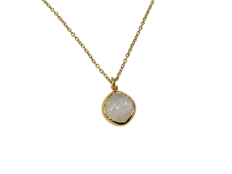 STEPHEN ESTELLE (R)14K VERMEIL RM, RAINBOW MOONSTONE BEZEL SET PENDANT ON ADJUSTABLE CHAIN