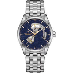 HAMILTON HAMILTON JAZZMASTER, Reference H32705140 Caliber H-10 Collection Jazzmaster Movement Automatic Case size 42mm Thickness (mm) 11.44 Dial color Blue aventurine Case material Stainless steel Crystal Sapphire Lug to lug 50mm Lug width 22mm Power reserve 80 ho