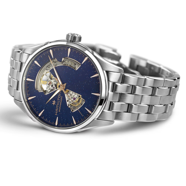 HAMILTON HAMILTON JAZZMASTER, Reference H32705140 Caliber H-10 Collection Jazzmaster Movement Automatic Case size 42mm Thickness (mm) 11.44 Dial color Blue aventurine Case material Stainless steel Crystal Sapphire Lug to lug 50mm Lug width 22mm Power reserve 80 ho