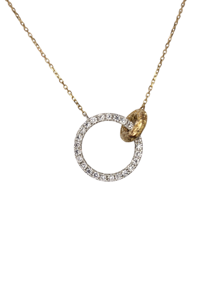 HJ NAMDAR (Y) 14K .25CT VS2 F CIRCLES, YELLOW GOLD NECKLACE 2 LOCKING CIRCLES, NATURAL DIAMONDS