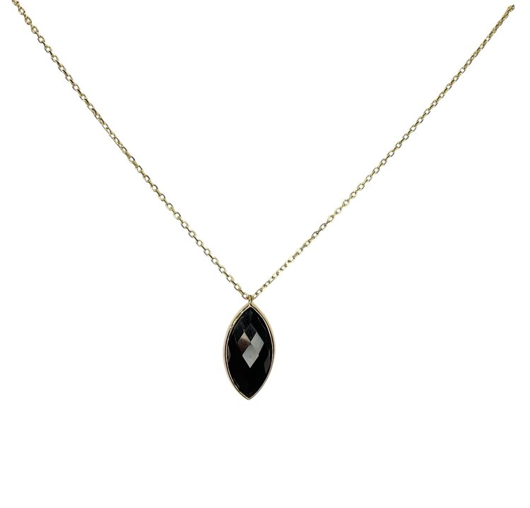 PRIMA NY (R)14KY 4.08CT ONYX BLACK CHECKERBOARD MARQUISE CUT YELLOW GOLD ADJUSTABLE CHAIN PENDANT