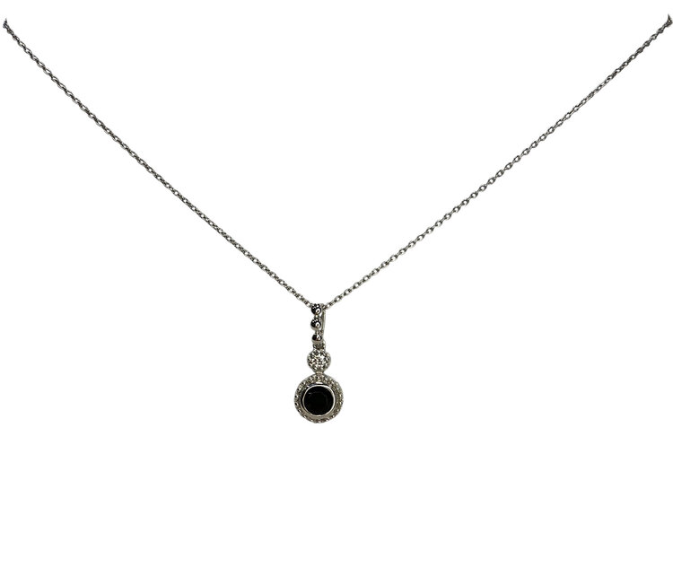 PRIMA NY (R)14KW .24CT ONYX .04CT DIAMOND ON 18” CHAIN CABLE LINK WHITE GOLD PENDANT