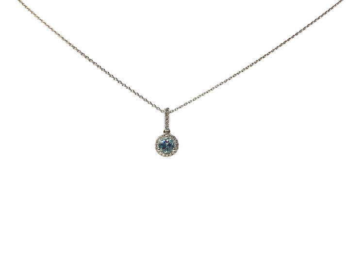 PRIMA NY (R)14KW .31CT AQ .09TDW DIAMOND AQUAMARINE ROUND WHITE GOLD 18” CABLE CHAIN PENDANT