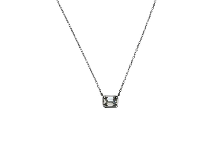 GLOBAL LIQUIDATORS (Y)925 0.85CT MOISSANITE EMERALD CUT BEZEL SET ON SILVER CABLE CHAIN 18” LONG