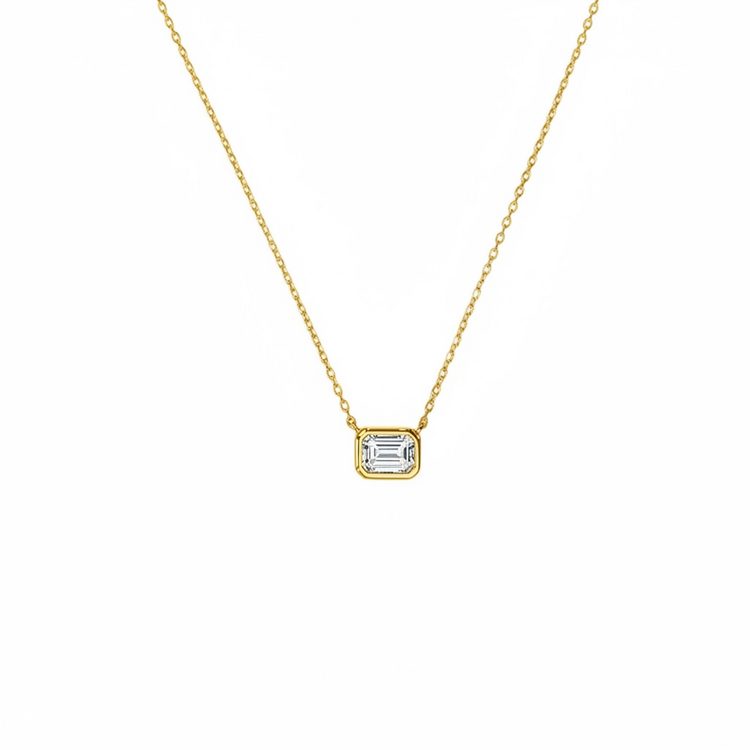 GLOBAL LIQUIDATORS (Y)925 0.85CT MOISSANITE EMERALD CUT BEZEL SET ON SILVER GOLD PLATED CABLE CHAIN 18” LONG