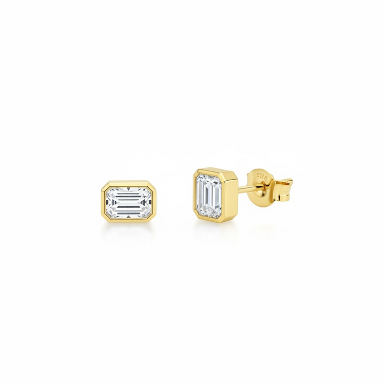GLOBAL LIQUIDATORS (Y)925 MOISSANITE STEP CUT BEZEL SET SILVER GOLD PLATED PUSH BACK STUD EARRINGS
