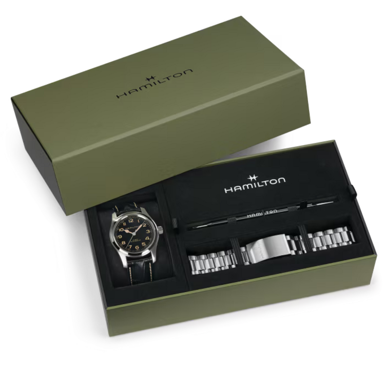HAMILTON HAMILTON KHAKI FIELD MURPH, Reference H70605732 Caliber H-10 Collection Khaki Field Movement Automatic Case size 42mm Thickness (mm) 11 Dial color Black Case material Stainless steel Crystal Sapphire Lug to lug 53mm Lug width 22mm Power reserve 80 hour