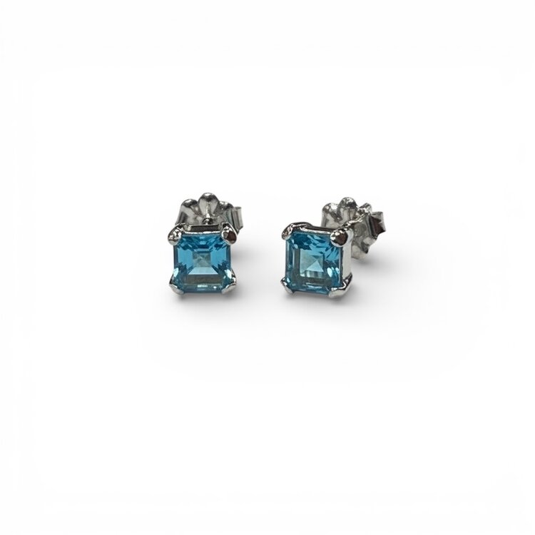 STEPHEN ESTELLE (Y)925 BLUE TOPAZ STEP CUT STUD SILVER PUSH BACK EARRINGS