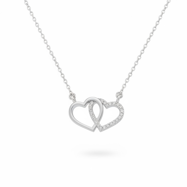 (Y)14KW .10CT DIA DOUBLE HEART DIAMOND WHITE GOLD NECKLACE