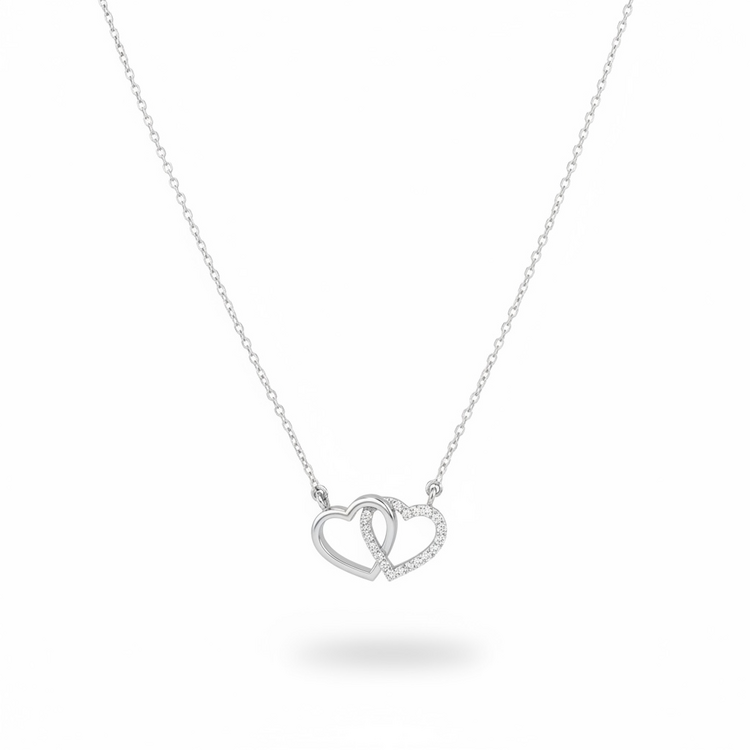 (Y)14KW .10CT DIA DOUBLE HEART DIAMOND WHITE GOLD NECKLACE