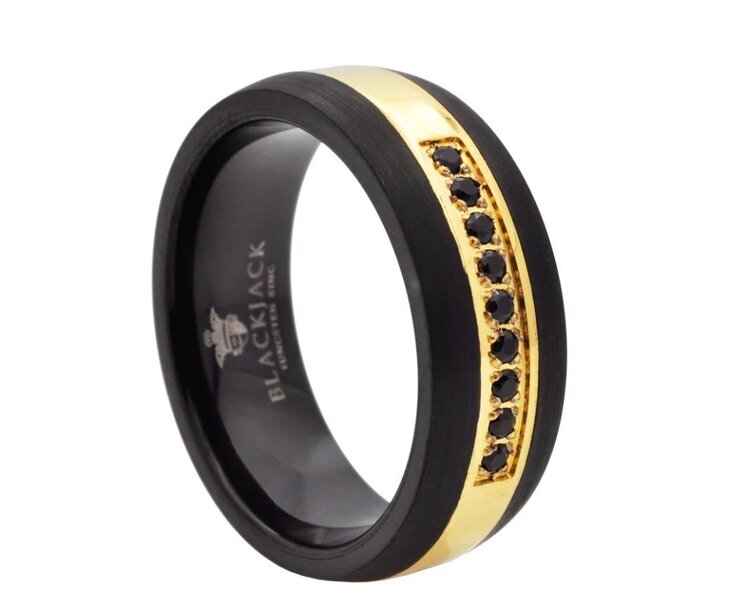 BLACKJACK (Y)BJ CZ BLK/GOLD BLACK CUBIC ZIRCONIA, BLACK AND GOLD TUNGSTEN BAND