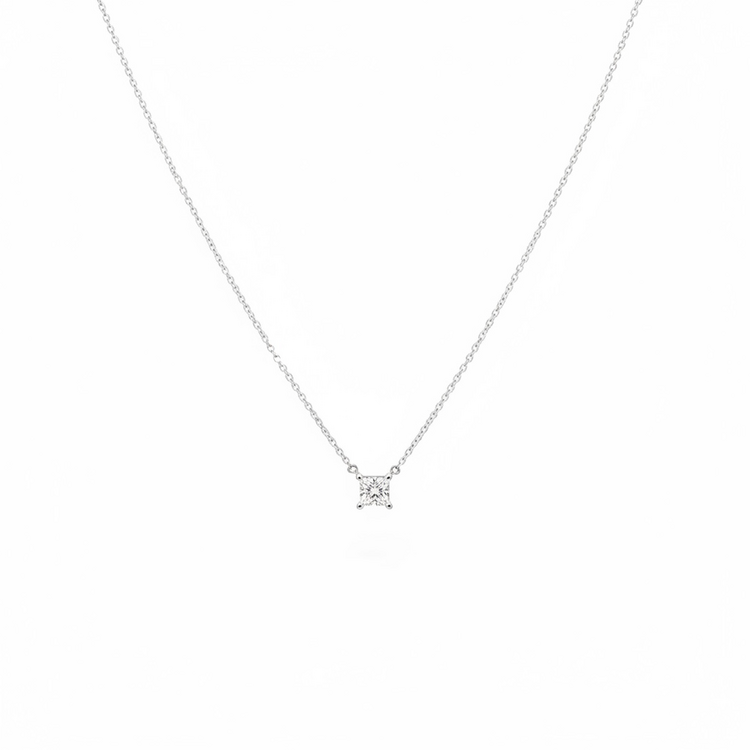 (B)14KW .89CT PC NATURAL IGI CERT. 9449901 SQUARE MODIFIED BRILLIANT CUT SOLITAIRE PENDANT ON 18” ADJUSTABLE CABLE CHAIN