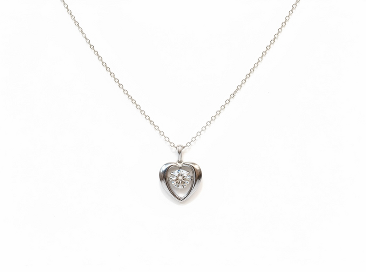 DIAMOND TRADERS INTERNATIONAL (Y)925 1CT LAB DIA RD, SILVER HEART NECKLACE WITH 1CT ROUND LAB GROWN DIAMOND, DANCING DIAMOND DESIGN