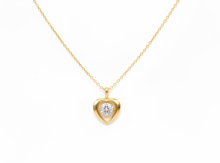 DIAMOND TRADERS INTERNATIONAL (Y)925GP 1CT LAB DIA, GOLD HEART NECKLACE WITH 1CT ROUND LAB GROWN DIAMOND, DANCING DIAMOND DESIGN
