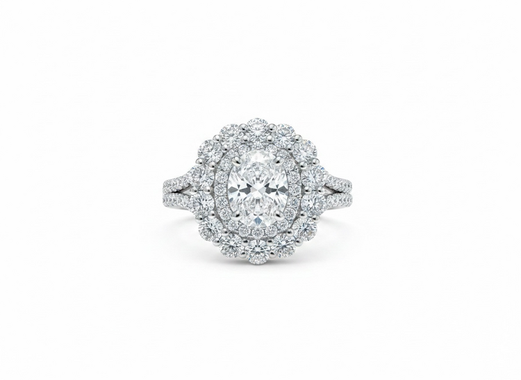 (R)14KW 1CT SI2 F OVAL BRILLIANT DOUBLE HALO DIAMOND RING GIA CERT#2497136907