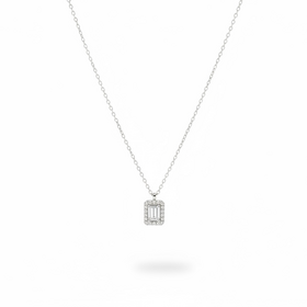 DIAMOND TRADERS INTERNATIONAL (Y)925 LG 1.04CT F/VS1 EC CENTER EMERALD CUT E-F/VS-VVS IGI CERT#LG741542712  WITH HALO STERLING SILVER PENDANT ON 18” ADJUSTABLE CABLE CHAIN
