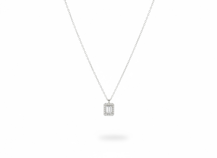 DIAMOND TRADERS INTERNATIONAL (Y)925 LG 1.04CT F/VS1 EC CENTER EMERALD CUT E-F/VS-VVS IGI CERT#LG741542712  WITH HALO STERLING SILVER PENDANT ON 18” ADJUSTABLE CABLE CHAIN