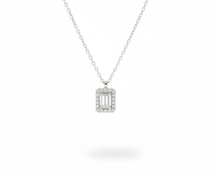 DIAMOND TRADERS INTERNATIONAL (Y)925 LG 1.04CT F/VS1 EC CENTER EMERALD CUT E-F/VS-VVS IGI CERT#LG741542712  WITH HALO STERLING SILVER PENDANT ON 18” ADJUSTABLE CABLE CHAIN