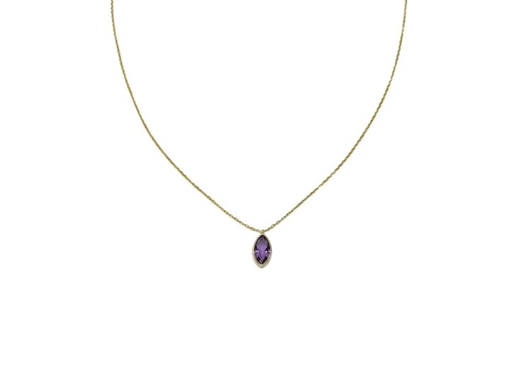 PRIMA NY (Y)14KY 10X5 AM BEZEL SET 10X5MM MARQUISE AMETHYST PENDANT WITH YELLOW GOLD CHAIN