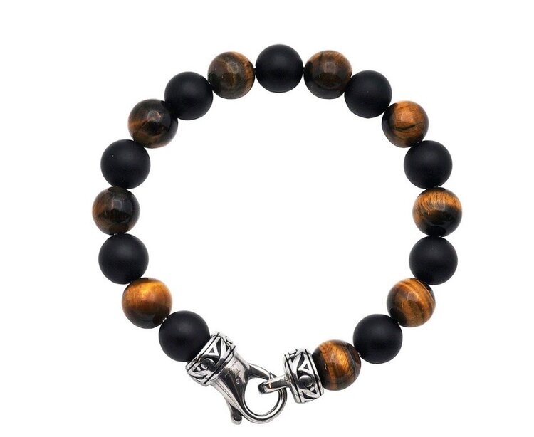 BLACKJACK (Y)BJ TIGERS EYE AND ONYX MATT FINISH STAINLESS STEEL BRACELET