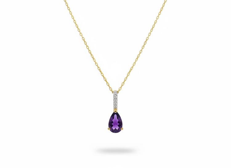 DIAMOND TRADERS INTERNATIONAL (Y)14KY .03DIA TEARDROP AMETHYST AND DIAMOND GOLD 14K NECKLACE