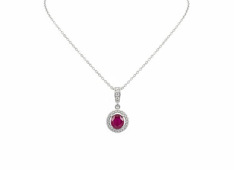 DIAMOND TRADERS INTERNATIONAL (R)10KW .60 RU 0.13 DIA ROUND RUBY AND DIAMOND 10K WHITE GOLD NECKLACE
