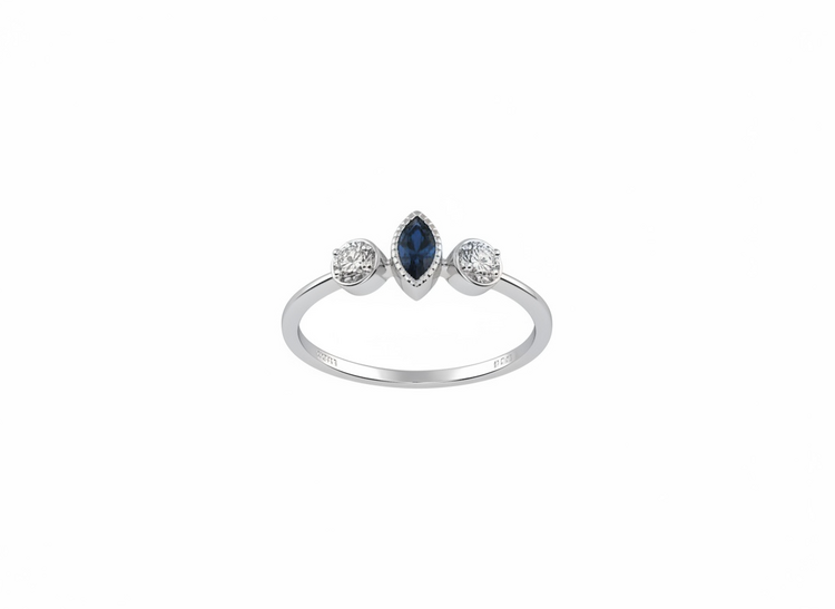 DIAMOND TRADERS INTERNATIONAL (Y)10KW .07DIA LON BLU TPZ MARQUISE LONDON BLUE TOPAZ FRAMED WITH MILGRAIN AND ROUND DIAMOND SIDE STONES