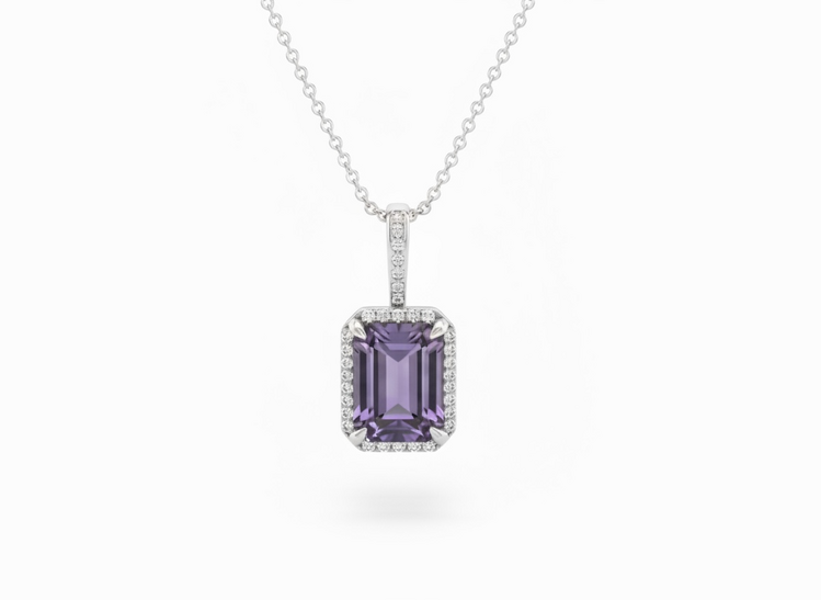 (Y)14KW AM 3.15CT LG .11TDW 10X8MM STEP CUT AMETHYST WITH LAB DIAMONDS VS/F HALO PENDANT WITH 18” WHITE GOLD CHAIN
