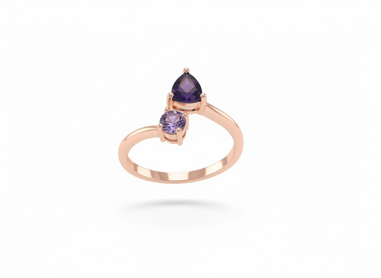 DIAMOND TRADERS INTERNATIONAL (R)10KR PNK AM & AM NEGATIVE SPACE ROSE GOLD RING WITH  ROUND PINK AMETHYST AND TRIANGULAR AMETHYST