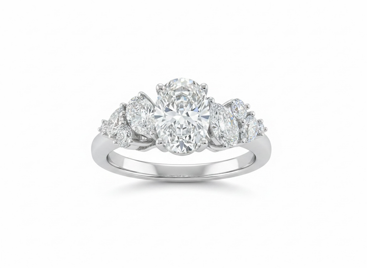 DIAMOND TRADERS INTERNATIONAL (Y)14KW 1.50LG CLUSTER LAB GROWN DIAMOND RING WITH OVALS, TEARDROPS, AND ROUNDS,