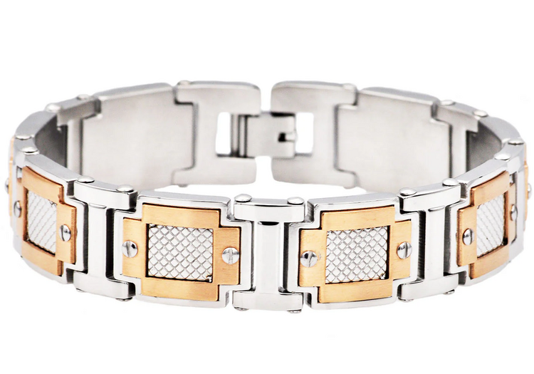 BLACKJACK (Y) BJ 18K SS Rose Gold Plating & Stainless Steel Diamond Cut Link Bracelet With Screw Accents