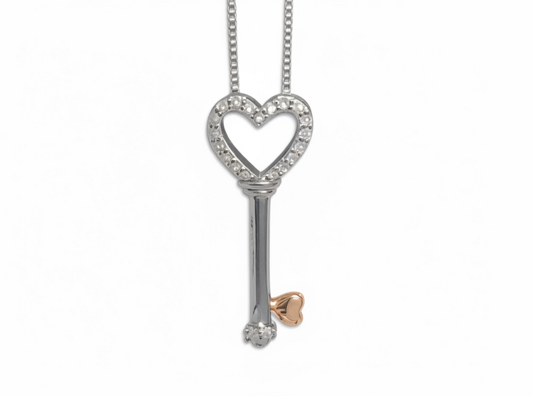 (Y)925/RG .12 DIA TWO TONE HEART KEY WITH REAL DIAMONDS, ENGRAVED WITH “I AM LOVED” ON THE SIDE.
