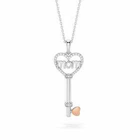 (Y)925/RG .05DIA TWO TONE HEART KEY WITH “MOM” TEXT AND NATURAL DIAMONDS