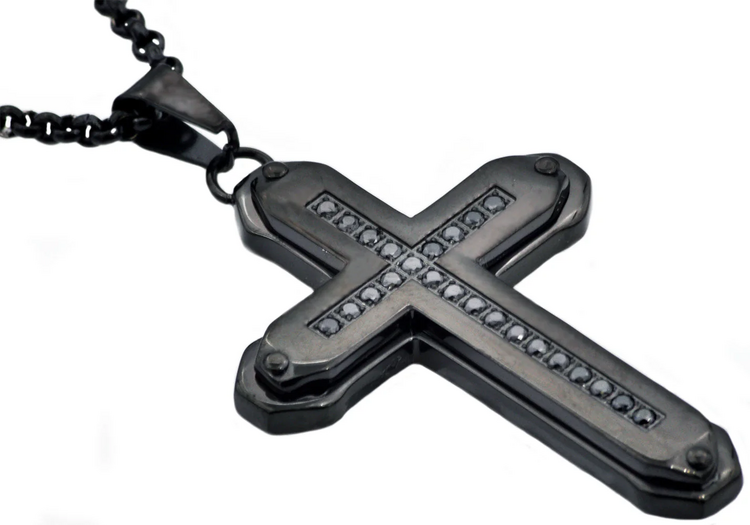 BLACKJACK (R)BJ CUB ZIRC & STEEL CROSS WITH CUBIC ZIRCONIA STONES