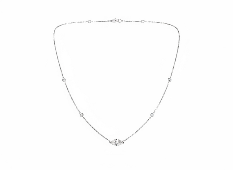 (X)925 1.25LG DIAMOND NECKLACE EAST WEST SET MARQUISE CENTER SET IN SILVER WITH FOUR ROUND DIAMONDS ON THE CHAIN