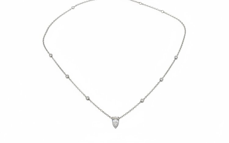 DIAMOND TRADERS INTERNATIONAL (Y)925 1.0LG TEAR DROP LAB GROWN NECKLACE WITH ROUND DIAMONDS  ON THE CHAIN
