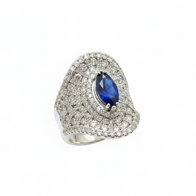 RYAN GEMS INC (X)14KW 1.25 SAP 2.35DIA LARGE FLARED ANTIQUE STYLED CLUSTER RING WITH DIAMONDS AND CENTER OVAL SAPPHIRE