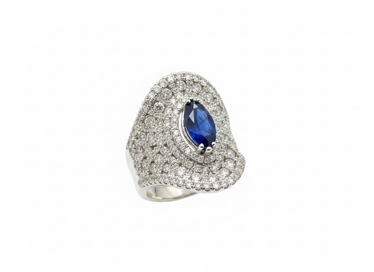 RYAN GEMS INC (X)14KW 1.25 SAP 2.35DIA LARGE FLARED ANTIQUE STYLED CLUSTER RING WITH DIAMONDS AND CENTER OVAL SAPPHIRE