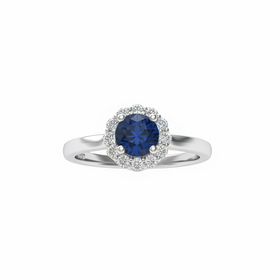 RYAN GEMS INC (R)14KW .80SAP .28DIA ROUND SAPPHIRE WITH HALO OF DIAMONDS IN WHITE GOLD RING