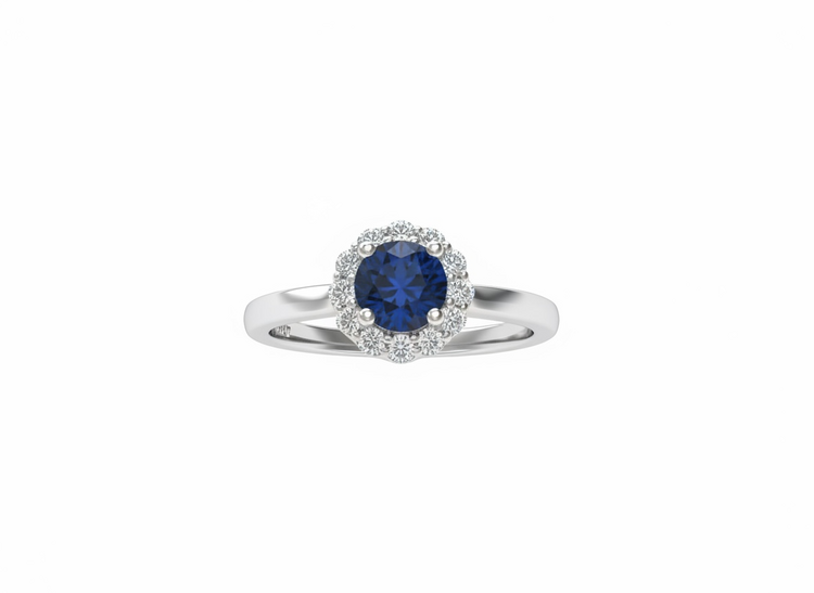 RYAN GEMS INC (R)14KW .80SAP .28DIA ROUND SAPPHIRE WITH HALO OF DIAMONDS IN WHITE GOLD RING