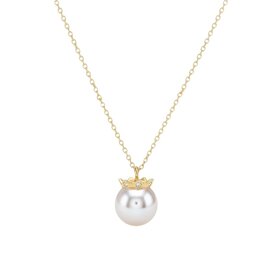 (R)10KY .08DIA FW PEARL GOLD NECKLACE WITH OFF-KILTER CROWN ADORNED WITH DIAMONDS