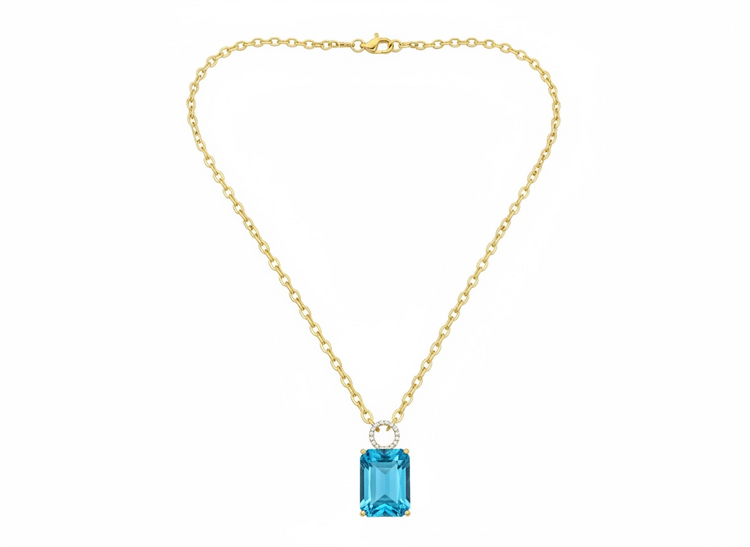 RYAN GEMS INC (Y)14KY 26CT BLT .15CTW DIAMOND, BLUE TOPAZ STEP CUT 17” ELONGATED ROLO LINK NECKLACE